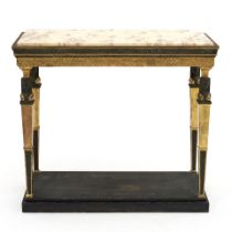 A SWEDISH NEOCLASSICAL GILTWOOD, GILT-GESSO AND PART EBONIZED SIDE TABLE WITH ALABASTER TOP,