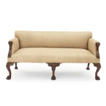 A GEORGE II STYLE MAHOGANY AND BURLAP UPHOLSTERED SETTEE,
