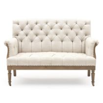 A TUFTED BEIGE LINEN SETTEE,