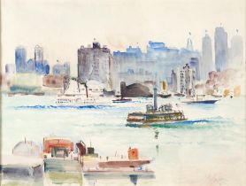 RICHARD HAYLEY LEVER (American, 1876-1958) View of New York from Weehawken framed 60.5 x 72.5 x ...