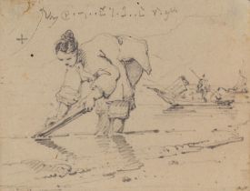 George Chinnery (London 1774-1852 Macau) Study of a Chinese woman washing clothes on a beach, a ...