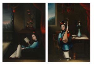 Chinese School, 19th Century Portrait of a woman reading; Portrait of a woman playing a pipa, a ...