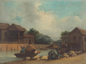 Follower of George Chinnery (London 1774-1852 Macau) Figures on a riverbank with a tanka boat ne...
