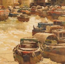 Gog Sing Hooi (Singaporean, 1933-1994) Boats moored on a Singapore river