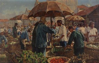 Vladimir Bolgarski Boregar (Russian, born 1913) The vegetable market, Shanghai