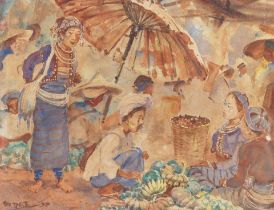 U Ba Thet (Burmese, 1903-1972) Fruit sellers beneath a parasol