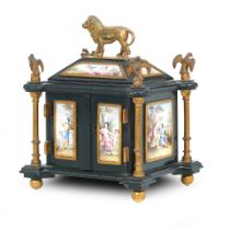 A 19th century Viennese ebonised wood, gilt bronze and enamel tabletop casket