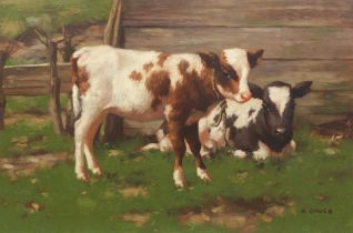 David Gauld RSA (British, 1865-1936) Calves Outside a Barn