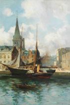 Joseph Milne (British, 1857-1911) Dundee Harbour with steam paddle tug, sailing ship and rowing ...