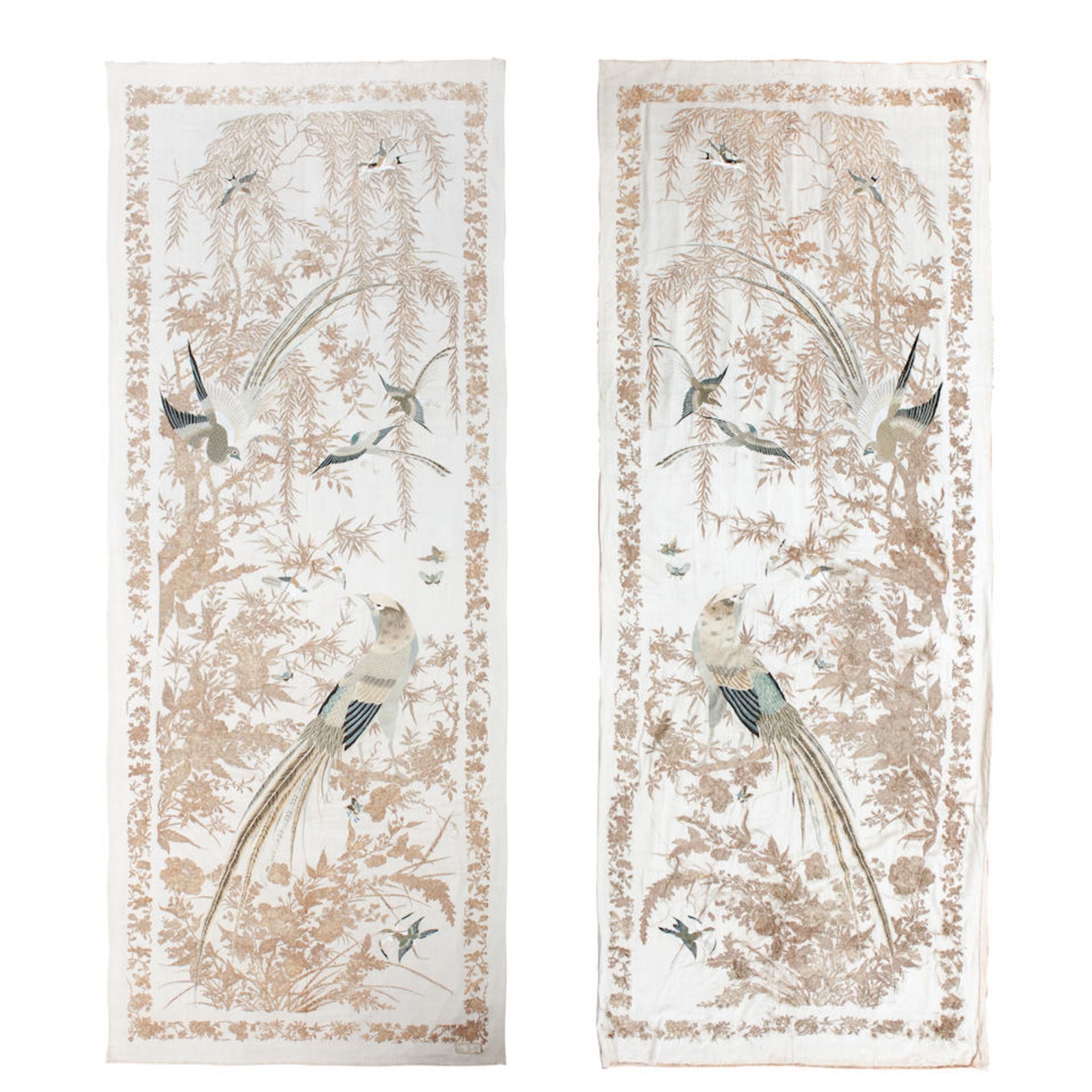 A pair of early 20th century silk Chinese embroidered wall hangings Signed Bao sheng chang' &#2...