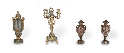 A pair of early 20th century French gilt bronze mounted brown variegated marble urn lampbases, a...
