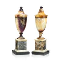 A pair of 19th century fluorspar blue john garniture urns