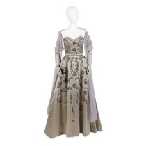 Vanessa Kirby (as Princess Margaret): A full-length painted and embroidered Duchess satin ballgo...