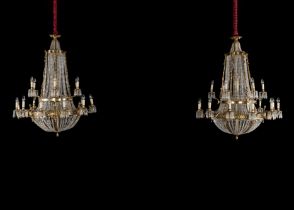 A large set of four gilt-brass and cut-glass tent and bag eighteen-light chandeliers 20th centur...