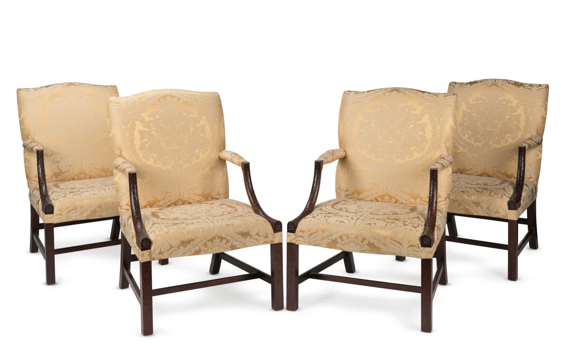 A set of four bespoke mahogany framed Gainsborough-type armchairs in the George II-styleFirst se...