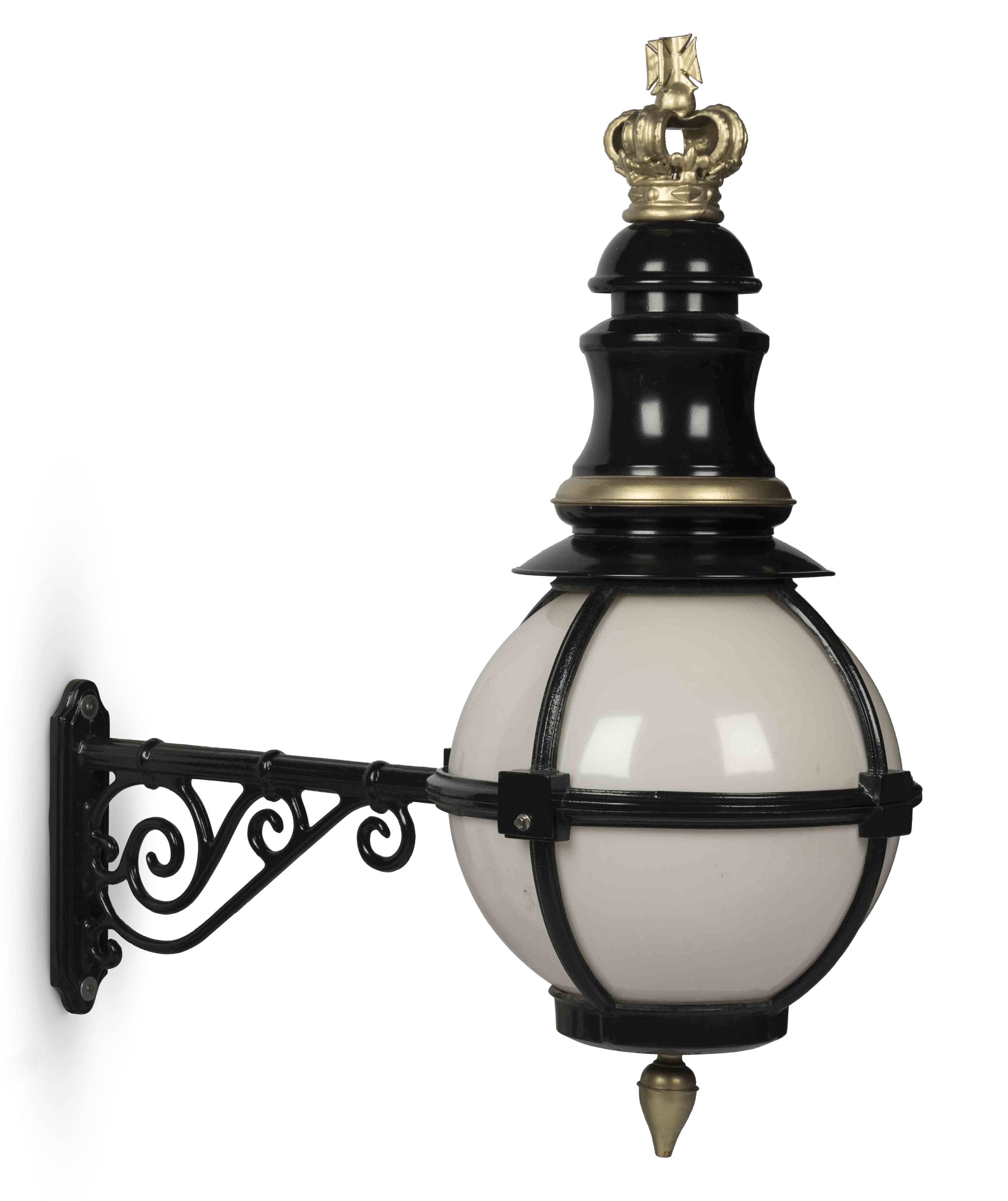 A set of four large black die cast aluminium 'globe' wall lights made by William Sugg & Co. Firs...