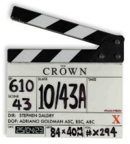 A clapper board used on set during the filming of the final episode of The Crown Season 6, Episo...