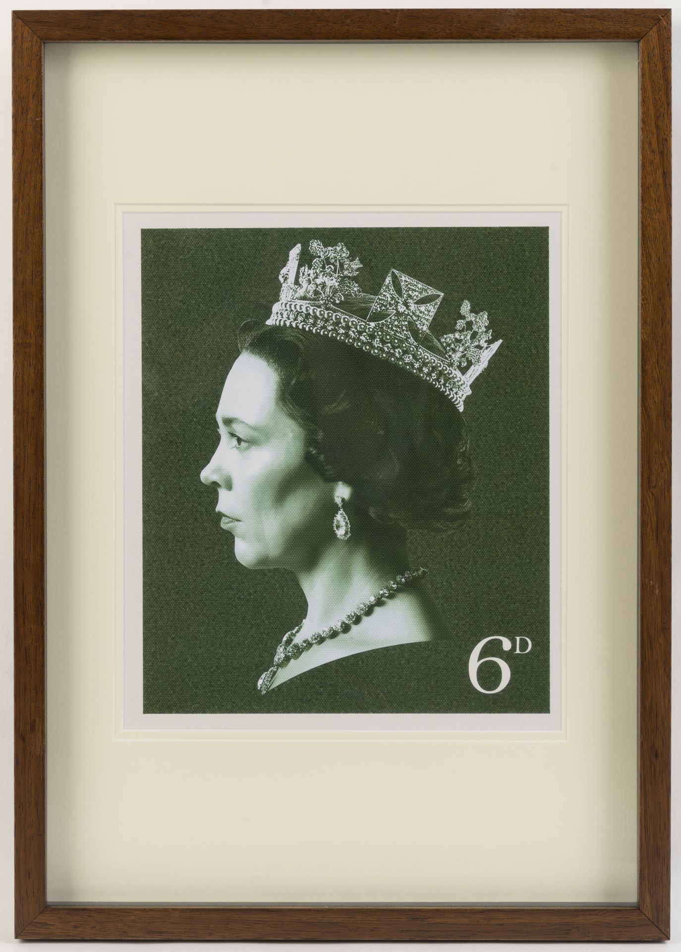 Olivia Colman (as the Queen): A framed digital print of the six penny stamp design Season 3, Epi...
