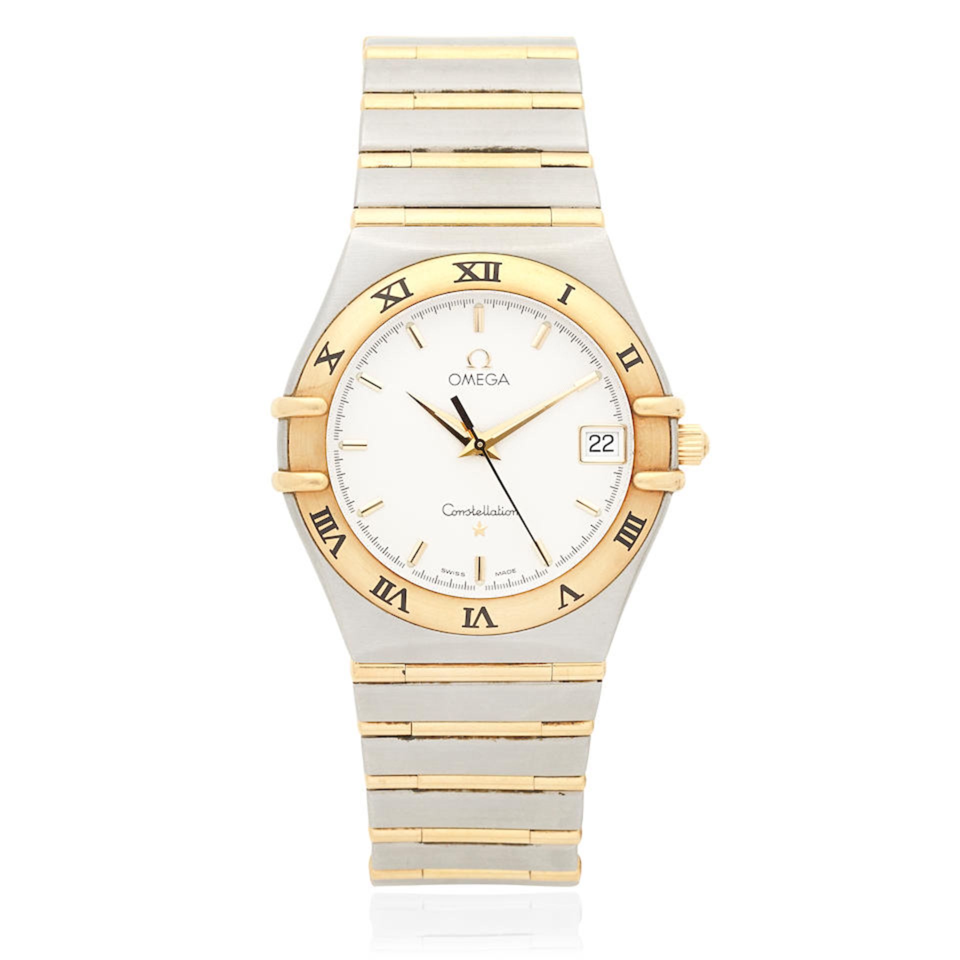 Omega. A stainless steel and gold quartz calendar bracelet watch Constellation, Ref: 396.1201, ...