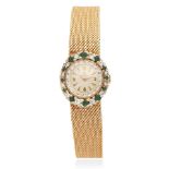 Omega. A lady's 18K gold diamond and emerald set manual wind bracelet watch Circa 1960