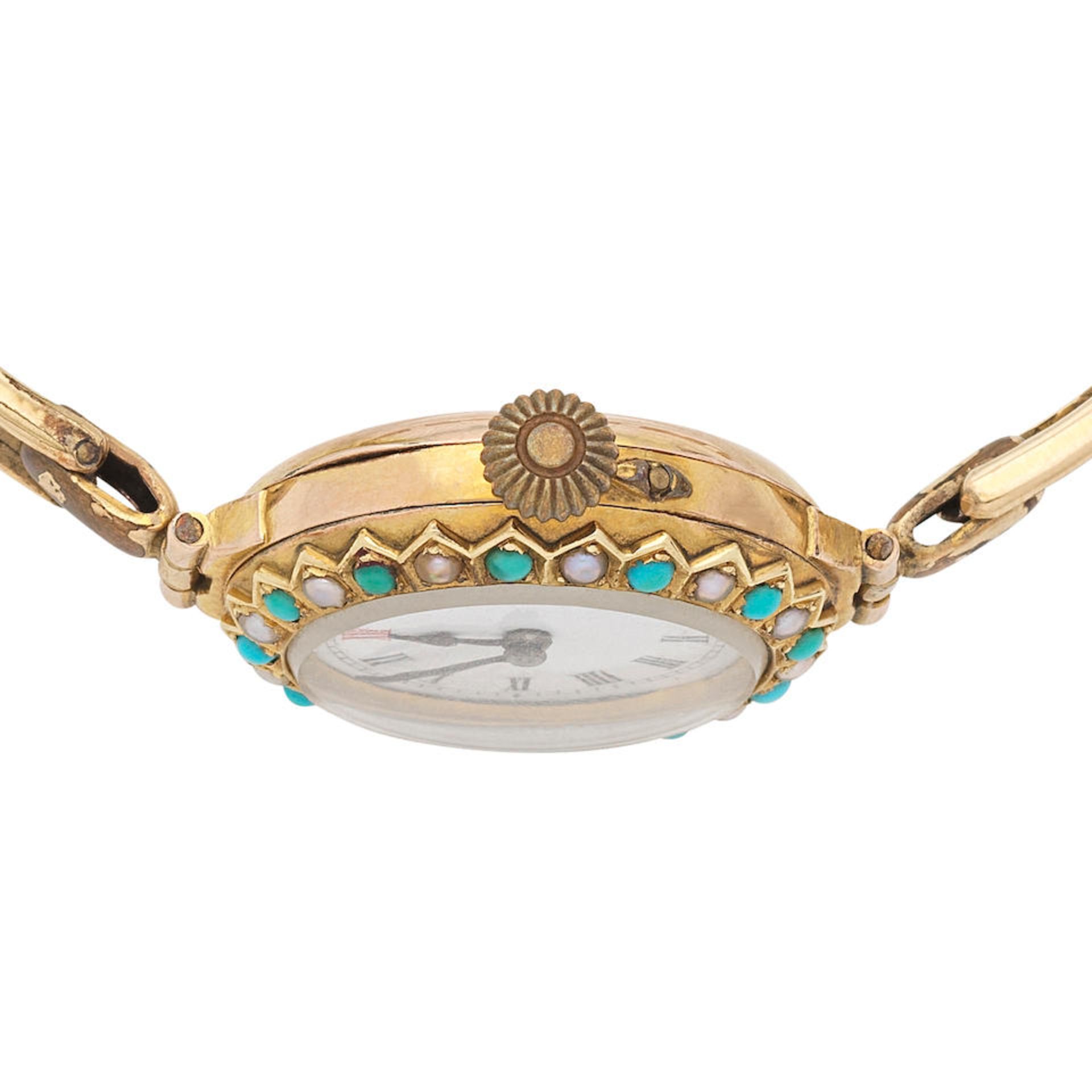 A 9K gold manual wind bracelet watch with seed pearl and turquoise set bezel Circa 1920 - Image 3 of 5