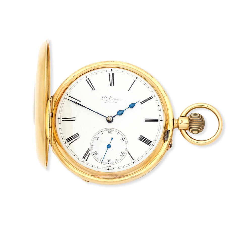 J.W Benson, 28 Royal Exchange, London. An 18K gold keyless wind half hunter pocket watch London ...