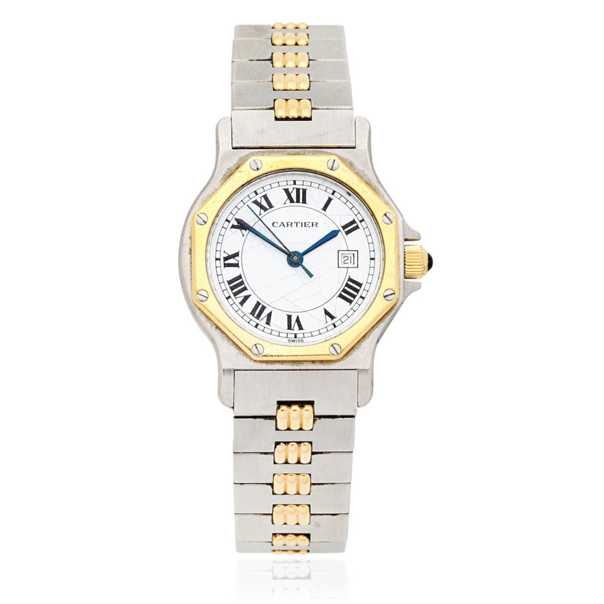 Cartier. A stainless steel and gold automatic calendar bracelet watch Santos, Circa 1990