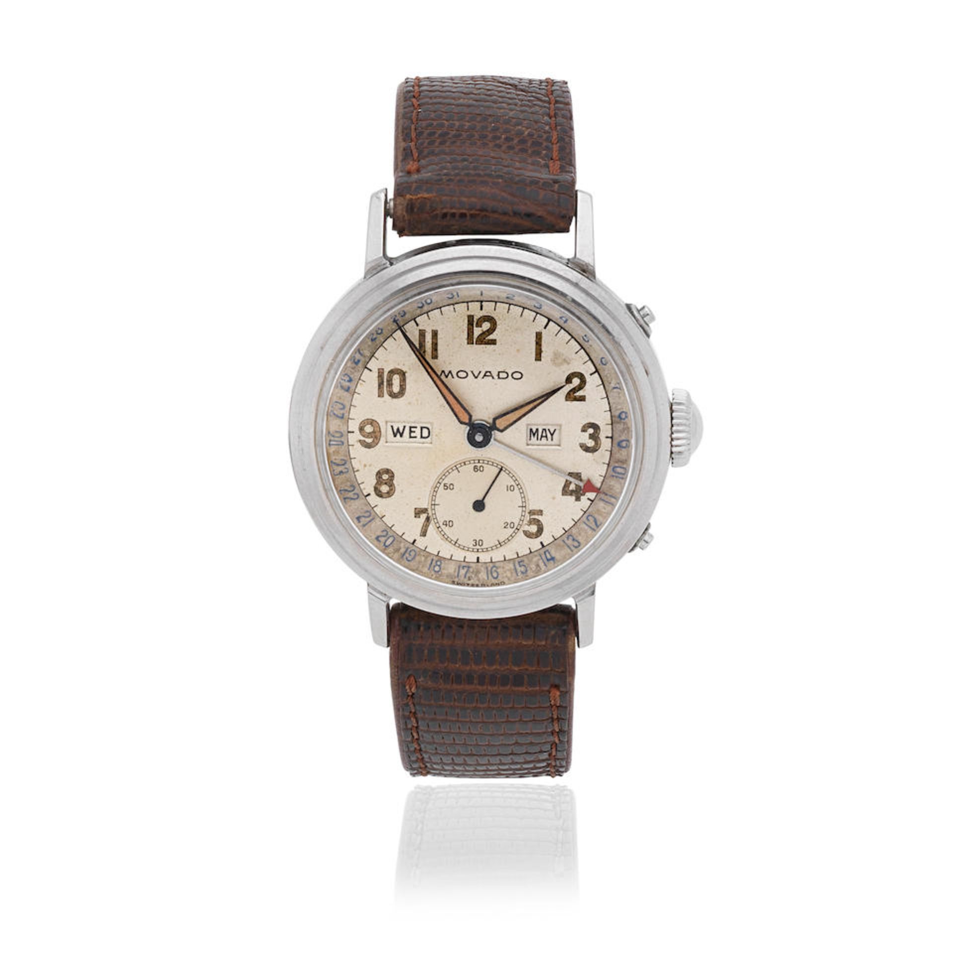 Movado. A stainless steel manual wind triple calendar wristwatch Ref: 1502, Circa 1950