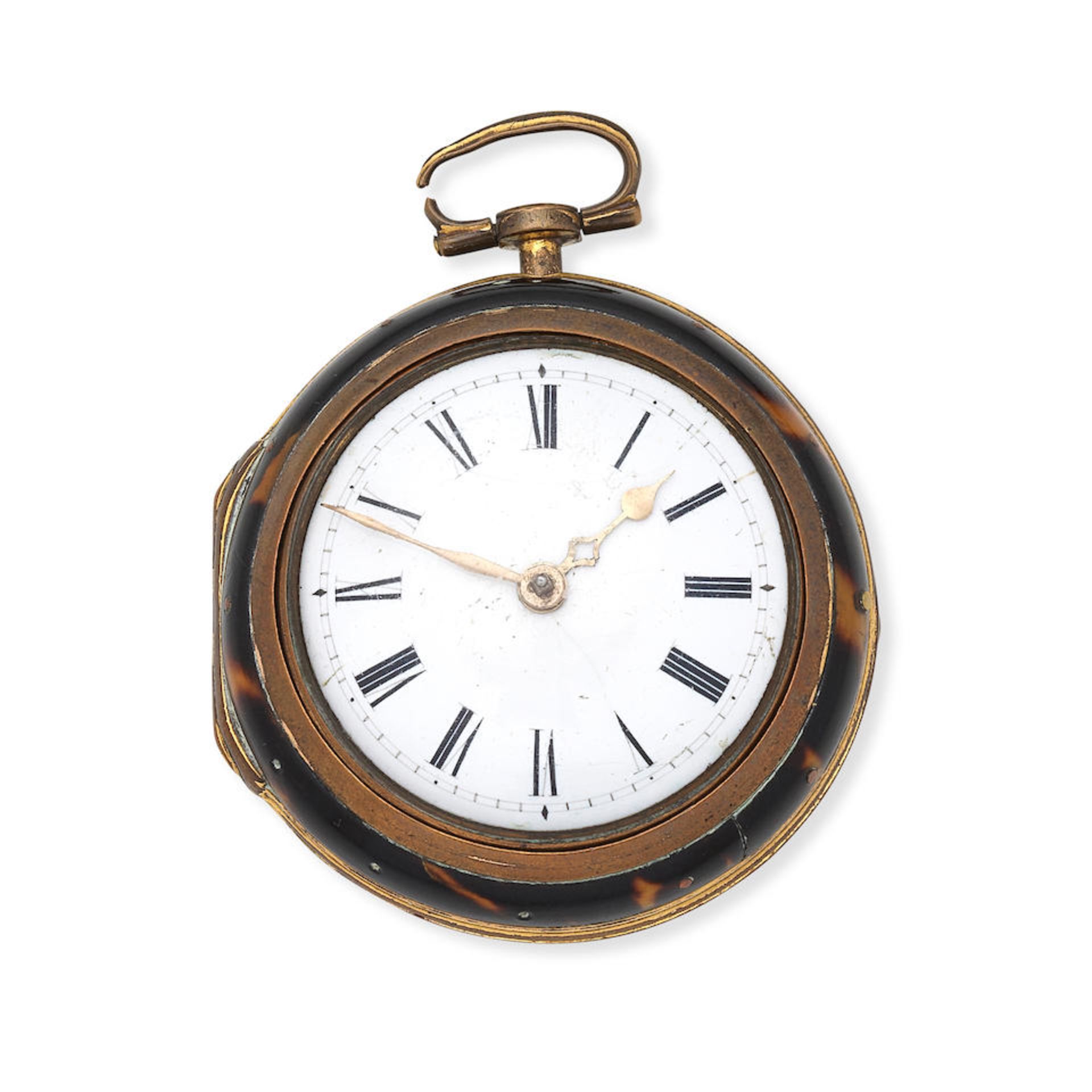 John Dowson, Grays-Inn, London. A gilt metal and under-painted horn pair case pocket watch Circa...