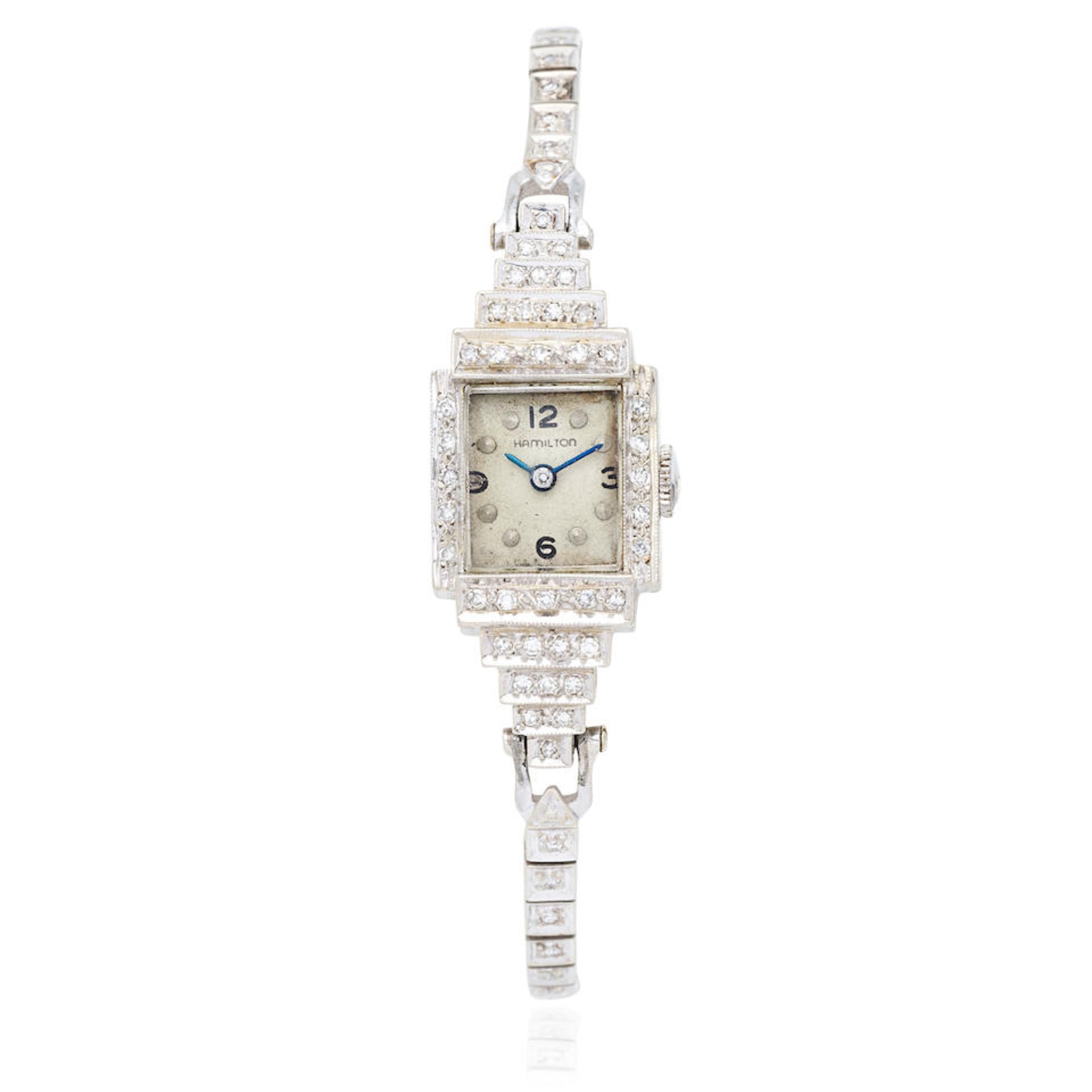 Hamilton. A lady's 14K white gold diamond set manual wind bracelet watch Circa 1950