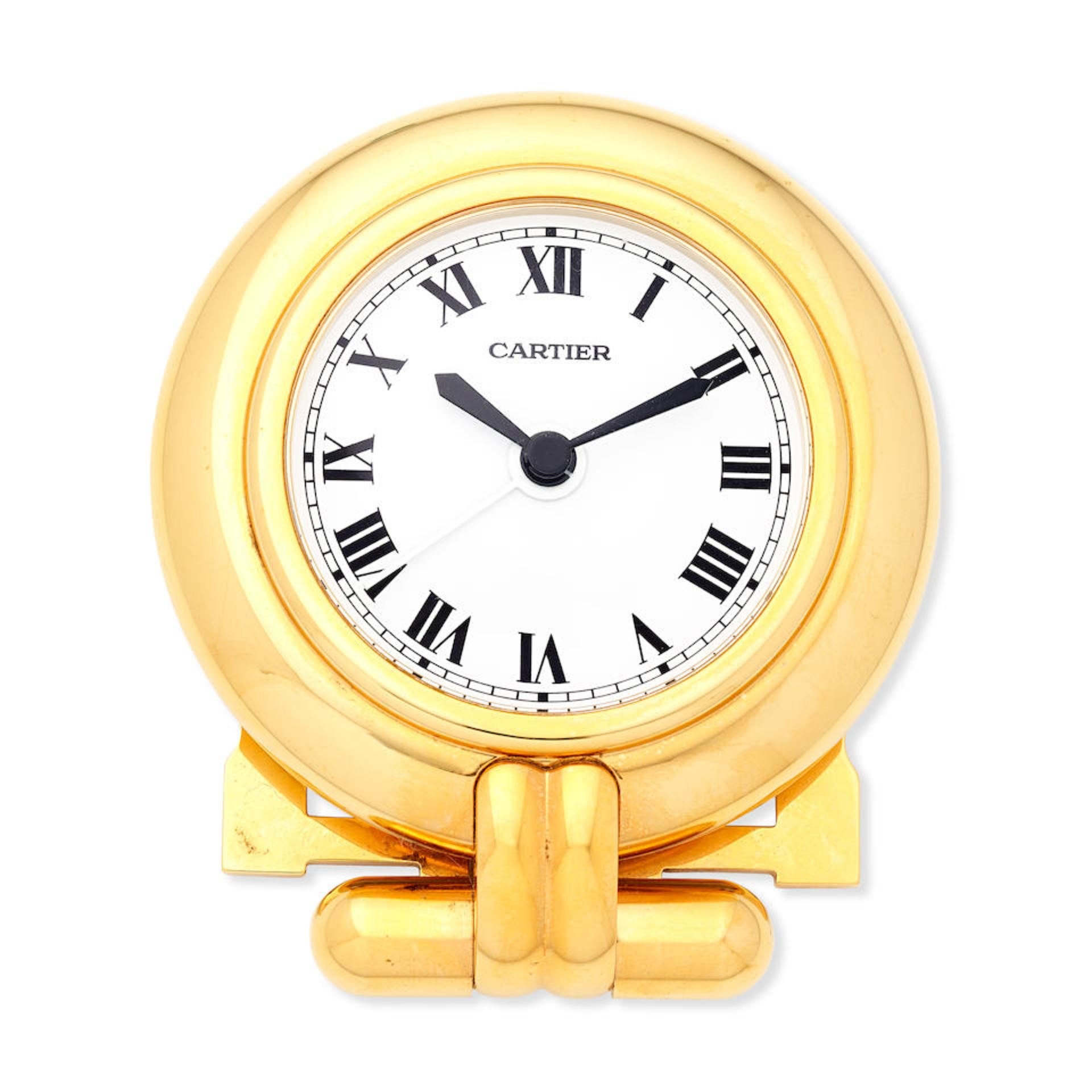 Cartier. A gilt brass quartz desk clock with alarm Colisee, Circa 2000