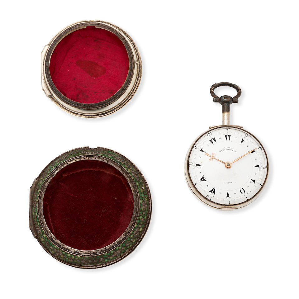 Josiah Bartholomew, London. A silver triple case key wind pocket watch with shagreen outer case ... - Image 4 of 4