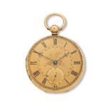 An 18K gold key wind open face pocket watch London Hallmark for 1857
