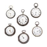 A lot of six silver pocket watches and a set of watch keys (7) Various dates
