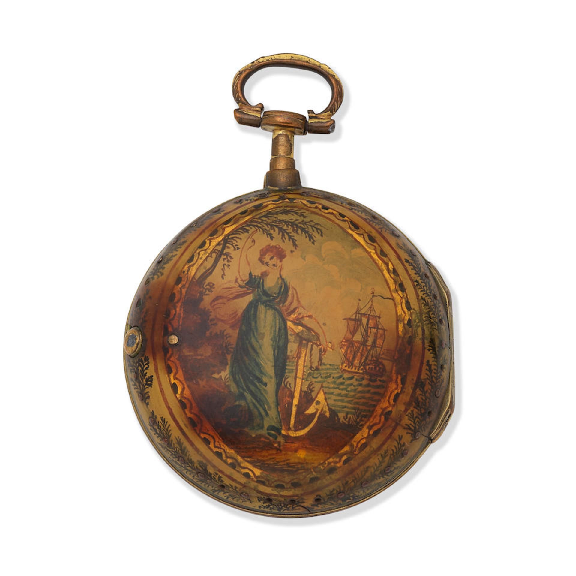 Eastland, London. A gilt metal and under-painted horn pair case pocket watch Circa 1750