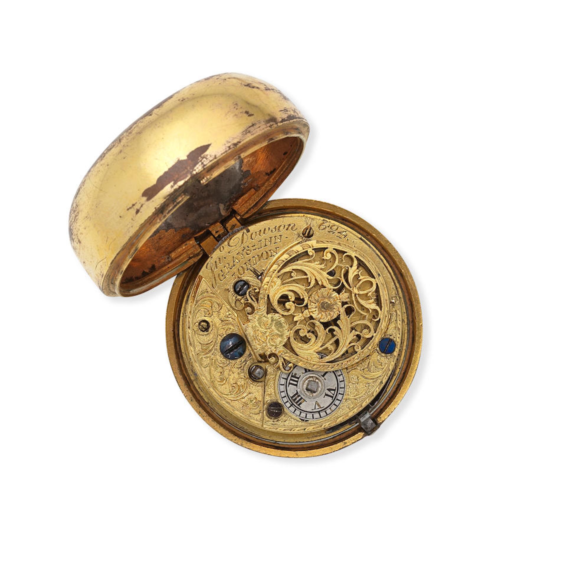 John Dowson, Grays-Inn, London. A gilt metal and under-painted horn pair case pocket watch Circa... - Bild 3 aus 3