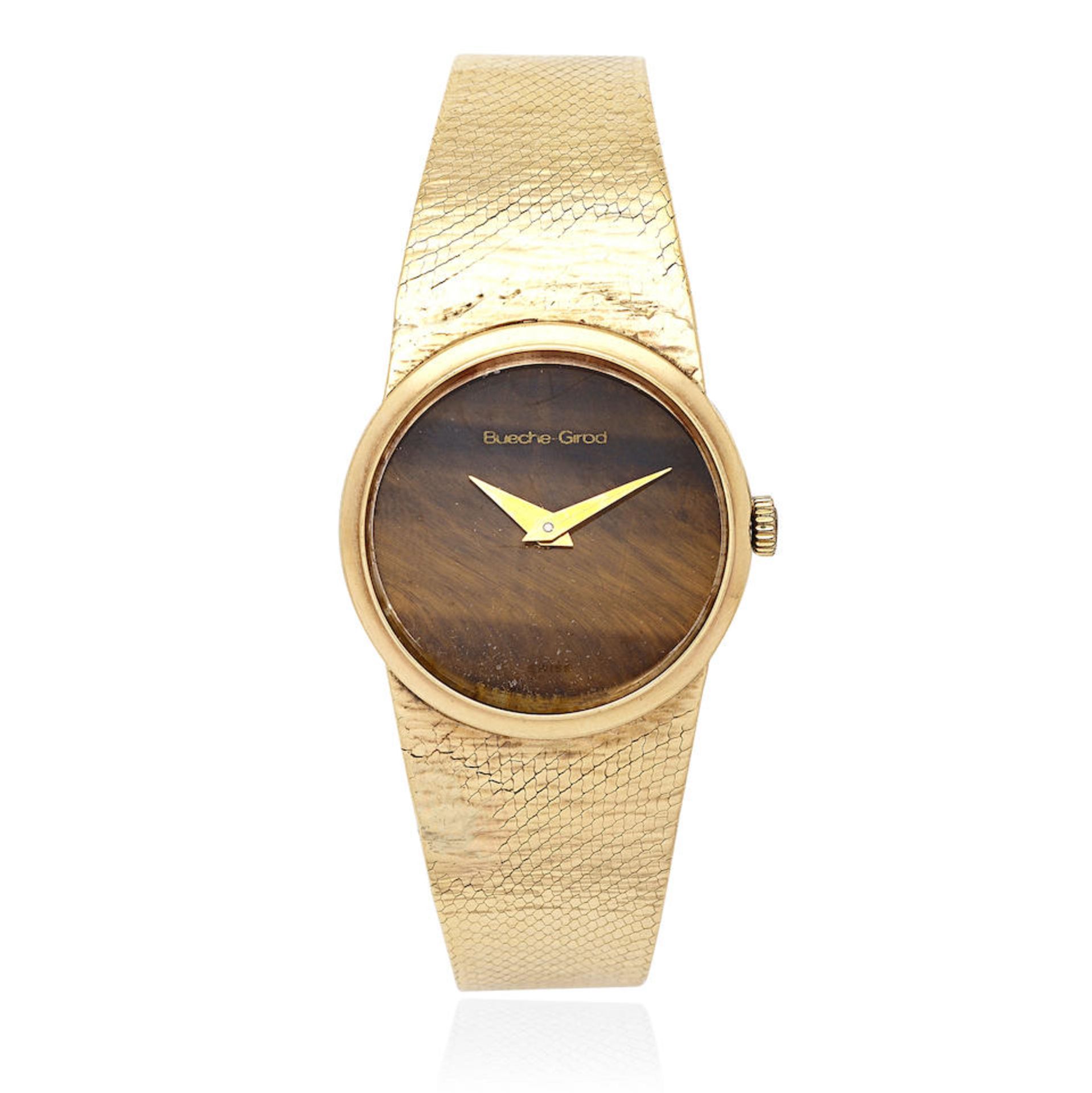 Bueche-Girod. A lady's 9K gold manual wind bracelet watch with tiger's eye dial London Hallmark ...