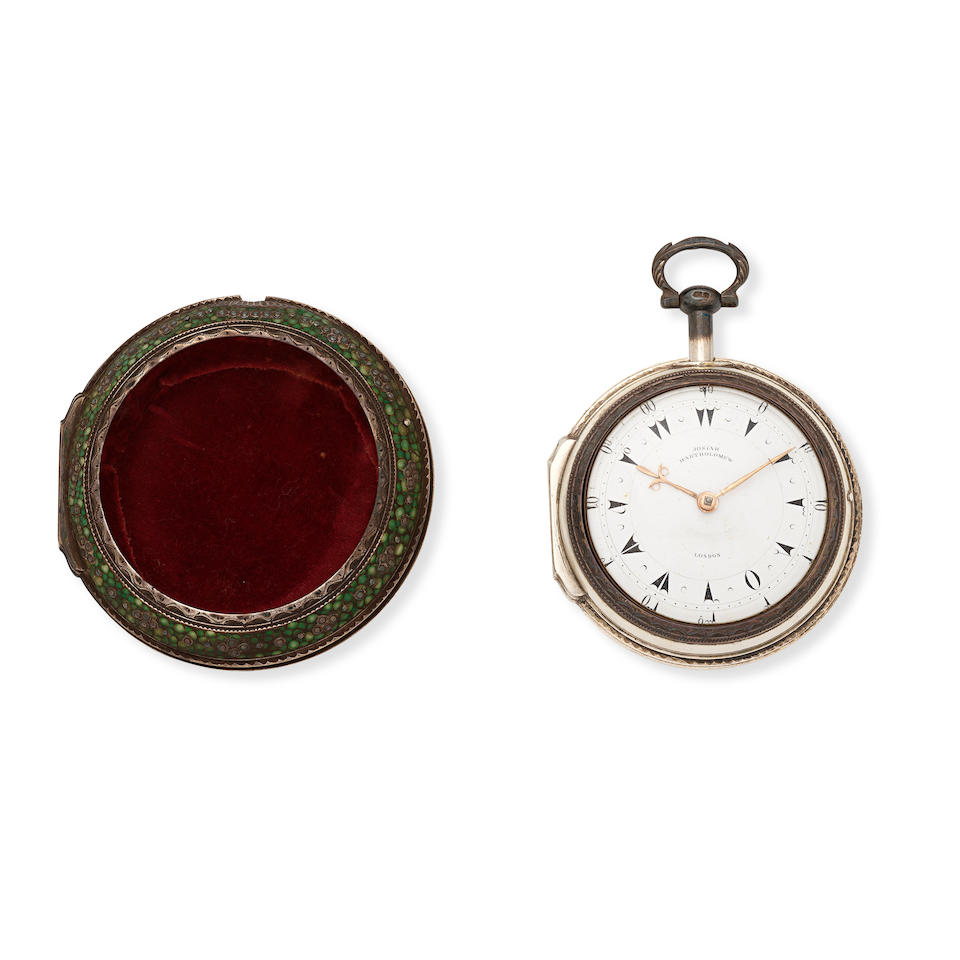 Josiah Bartholomew, London. A silver triple case key wind pocket watch with shagreen outer case ... - Image 3 of 4