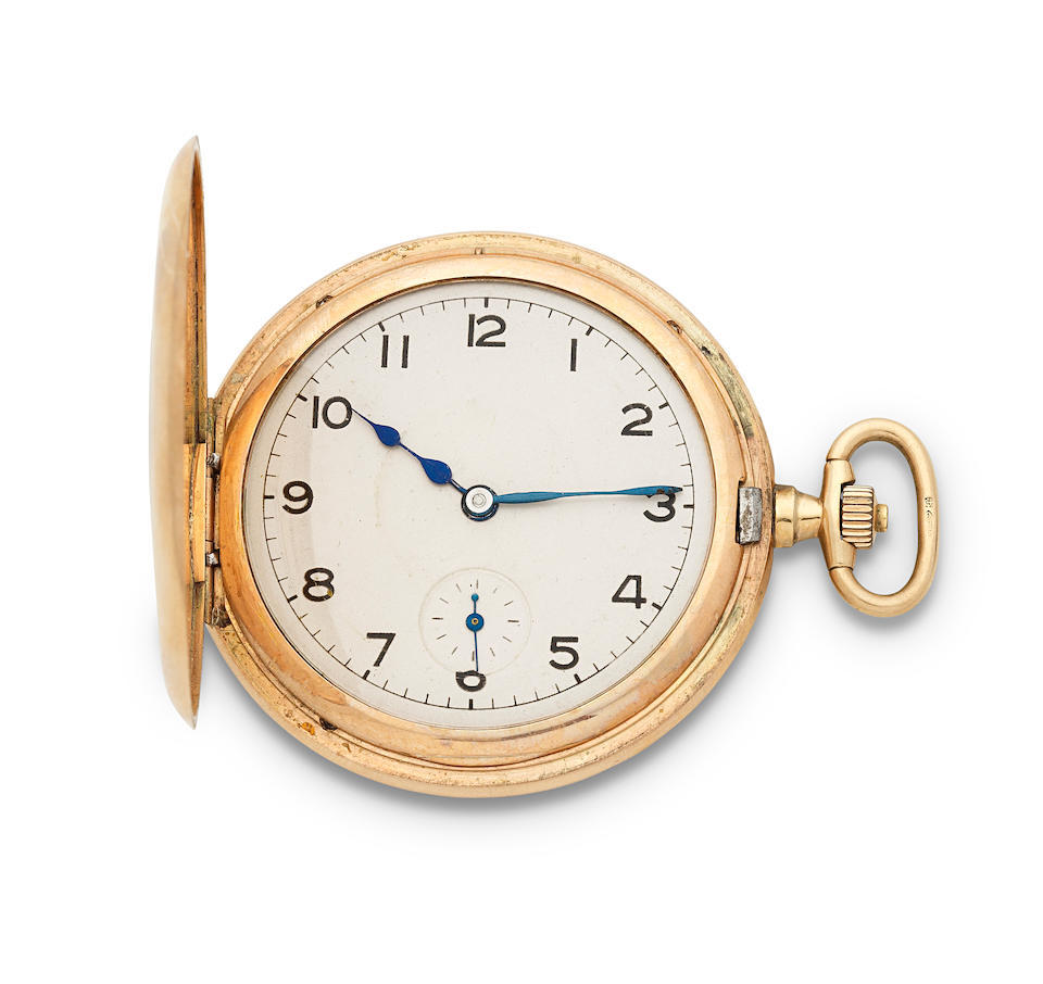 A 9K gold keyless wind half hunter pocket watch London Hallmark for 1923