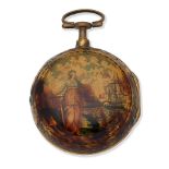 Benjamin Heeley, Deptford. A gilt metal and under-painted horn key wind pair case pocket watch C...