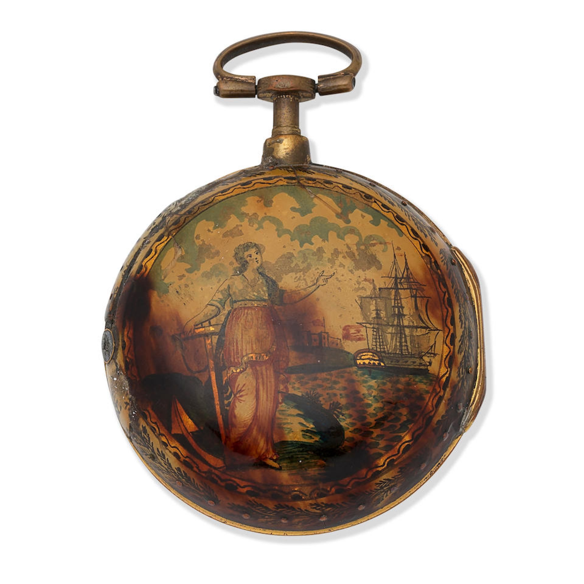 Benjamin Heeley, Deptford. A gilt metal and under-painted horn key wind pair case pocket watch C...