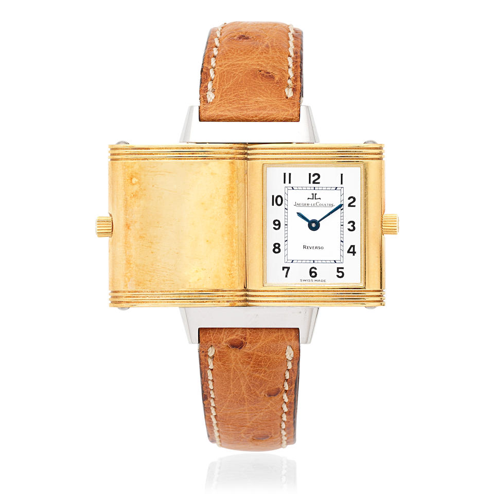 Jaeger-LeCoultre. A lady's stainless steel and gold manual wind reversible rectangular wristwatc...