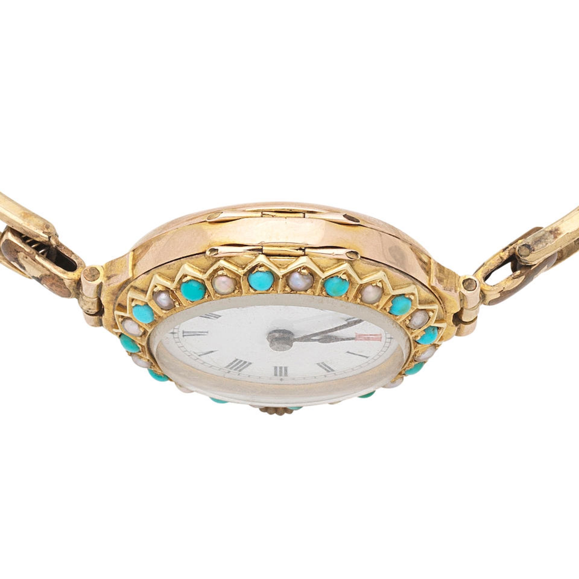 A 9K gold manual wind bracelet watch with seed pearl and turquoise set bezel Circa 1920 - Image 2 of 5