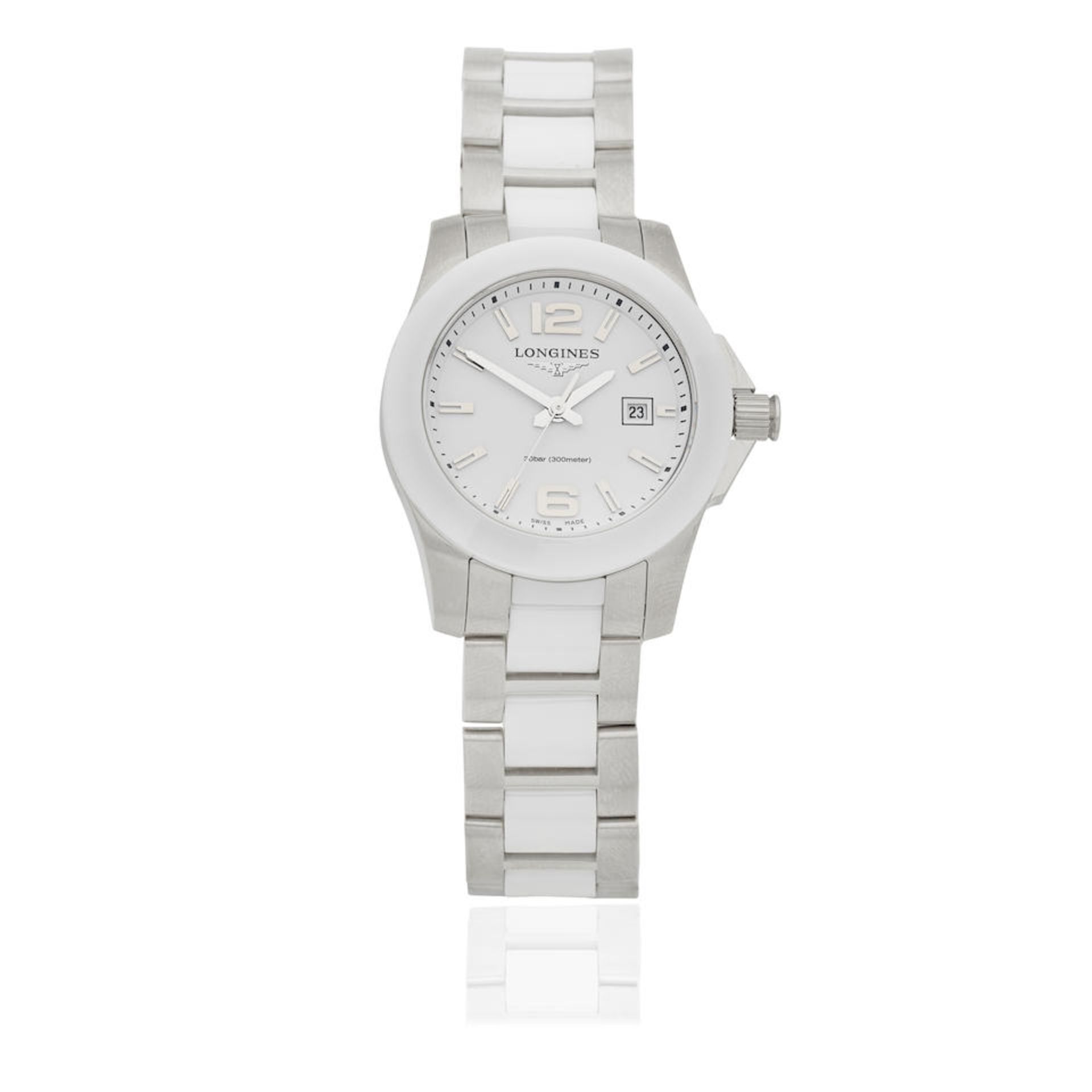 Longines. A lady's stainless steel and white ceramic quartz calendar bracelet watch Conquest, R...