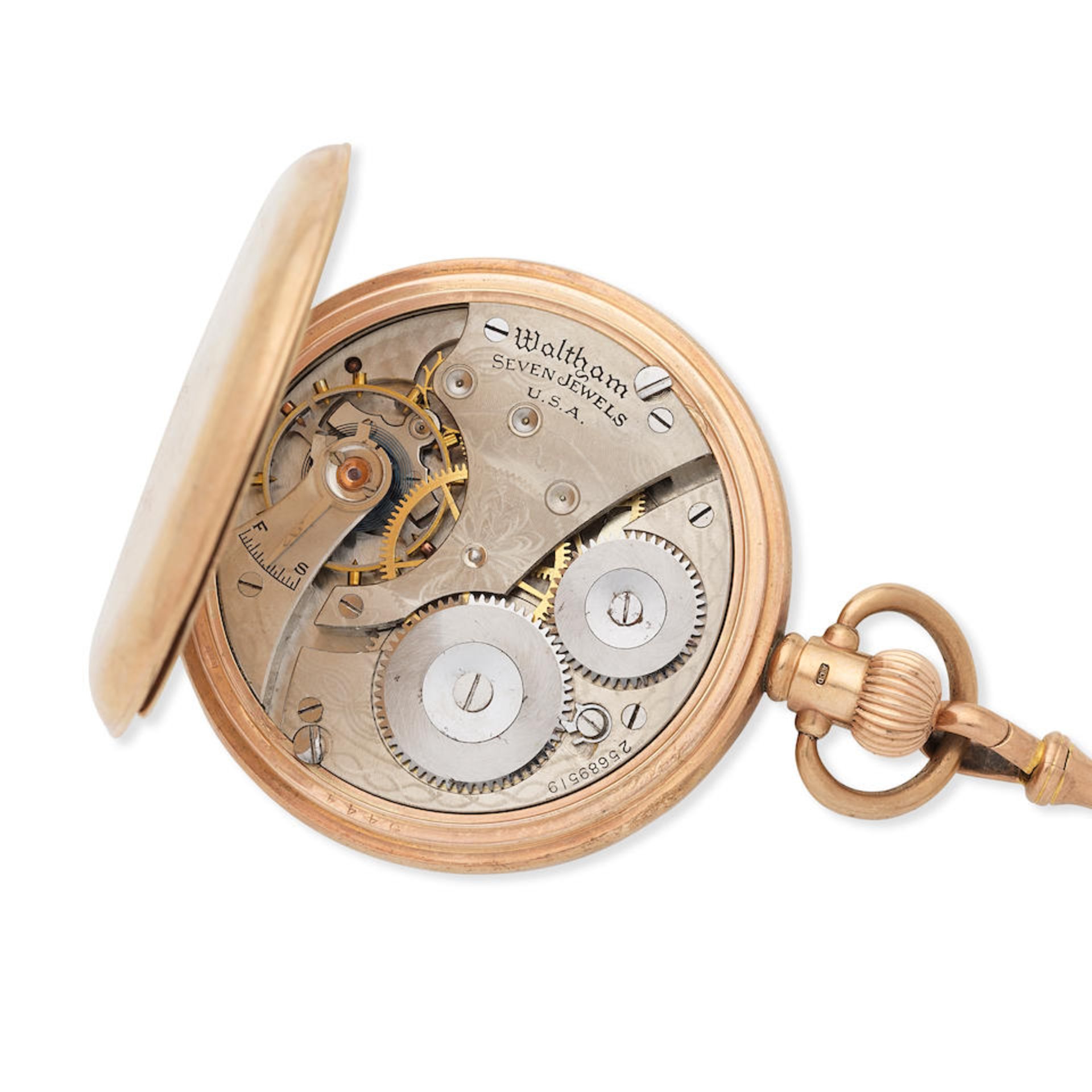 Waltham. A 9K gold half hunter pocket watch with 9K gold chain Birmingham Hallmark for 1929 - Bild 3 aus 4