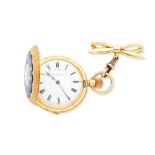 Waltham. An 18K gold and enamel diamond set keyless wind half hunter pocket watch retailed by Fa...