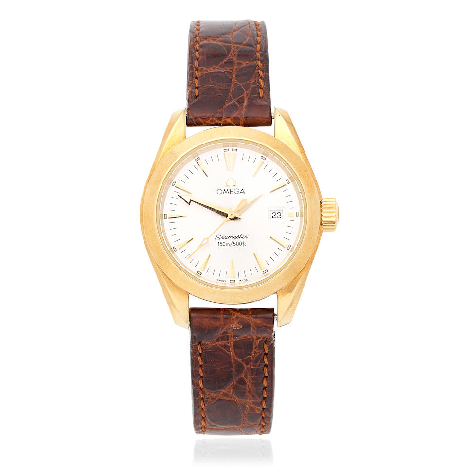 Omega. A lady's 18K gold quartz calendar wristwatch Seamaster Aqua Terra, Ref: 26773037, Purch...