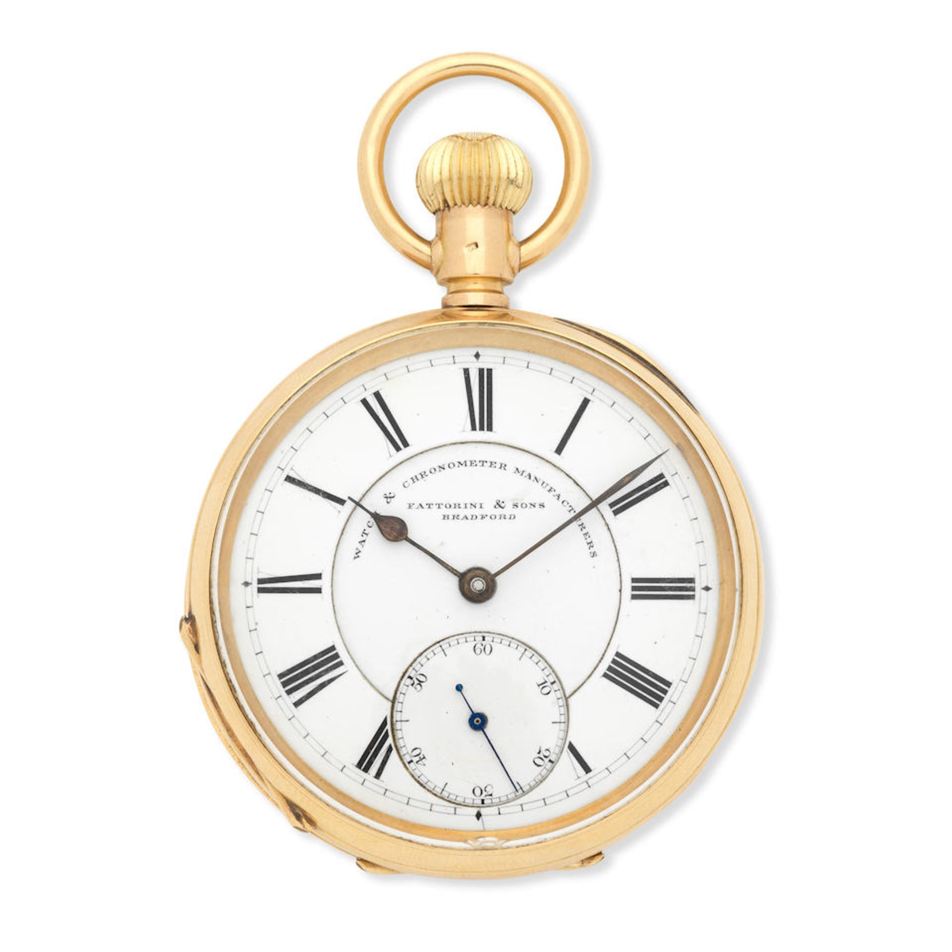 Waltham. An 18K gold keyless wind open face pocket watch retailed by Fattorini & Sons, Bradford ...