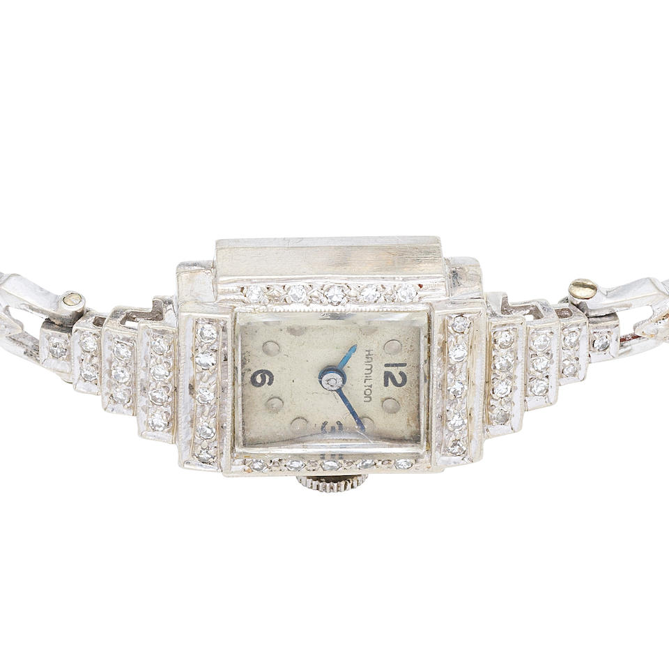 Hamilton. A lady's 14K white gold diamond set manual wind bracelet watch Circa 1950 - Image 5 of 7