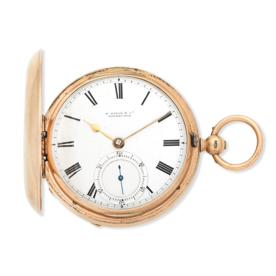 B. Stein, 4 Bank Street, Edinburgh. A 9K gold key wind full hunter pocket watch English lever, N...